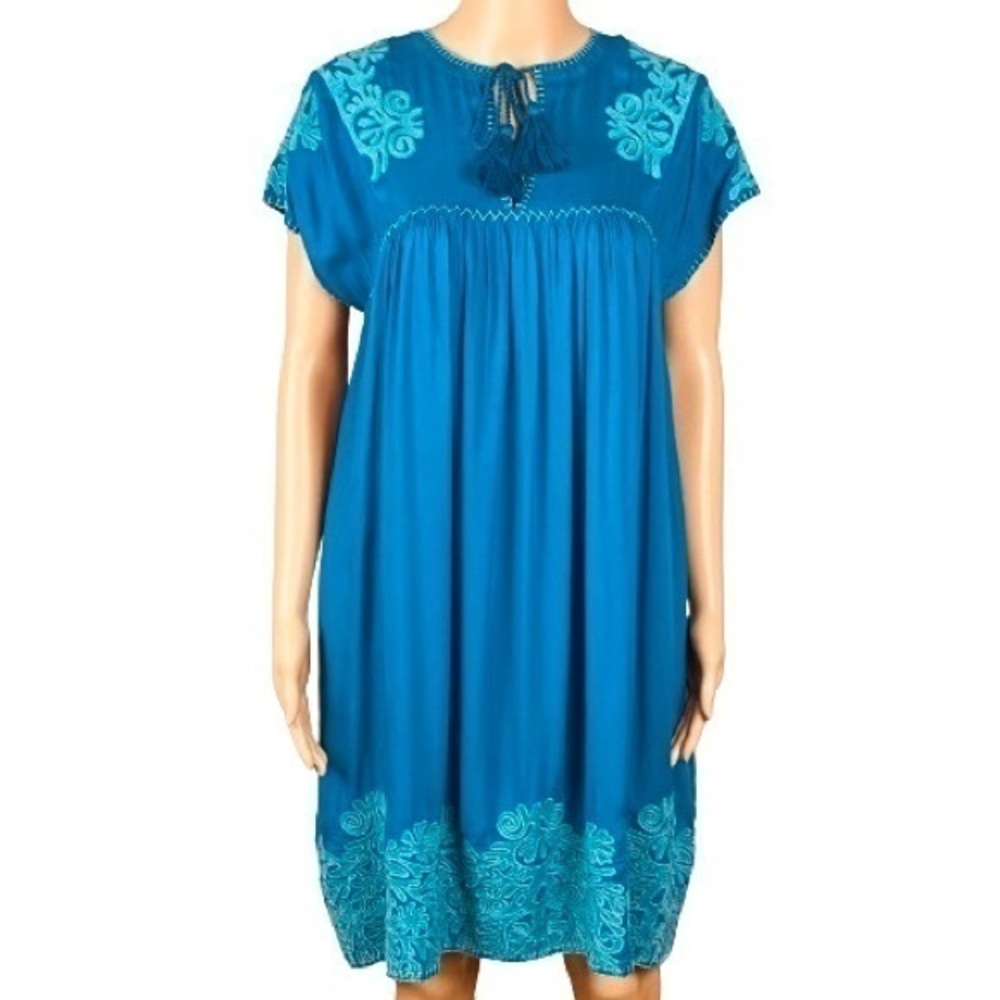 SUNDANCE “Bright Pathway” teal, embroidered, shift dress w/POCKETS. Size XS. EUC